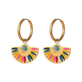 Stainless steel fan-shaped oil dripping colorful earrings