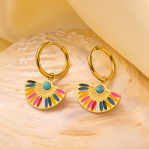 Stainless steel fan-shaped oil dripping colorful earrings