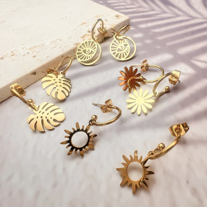 Stainless steel C-shaped earrings, sun eye pendant earrings