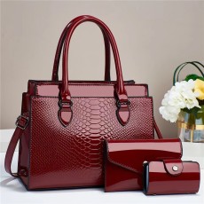 Large capacity single shoulder crossbody handbag embossed glossy leather three piece set
