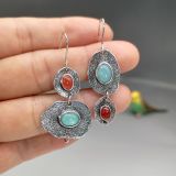 Bohemian Mint Jade and Artificial Coral Earrings Creative Asymmetric Retro Thai Silver Earrings