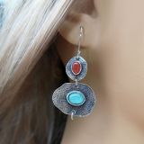 Bohemian Mint Jade and Artificial Coral Earrings Creative Asymmetric Retro Thai Silver Earrings