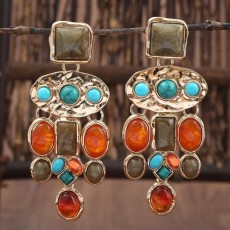 Inlaid turquoise geometric long earrings