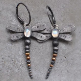 Metal Dragonfly Insect Moonlight Stone Earrings