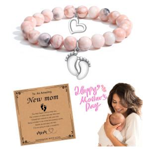 Small Feet Handpiece 8mm Pink Zebra Stone Footprint Pendant Bracelet Feet Ya New Mom Jewelry