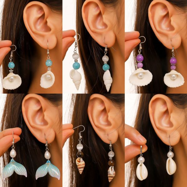 Ocean Style Conch Natural Stone Pearl Shell Earrings