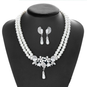 Alloy Pearl Water Diamond Wedding Party Earring Necklace Set