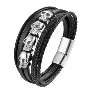 21CM Halloween stainless steel skull genuine leather rope woven bracelet