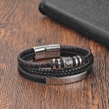 21CM stainless steel  genuine leather rope woven bracelet