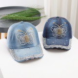 Fashionable rhinestone shiny cross love curved brim denim baseball cap casual sun shading duckbill cap