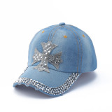 Fashionable rhinestone shiny cross love curved brim denim baseball cap casual sun shading duckbill cap