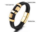 21CM stainless steel  genuine leather rope woven bracelet