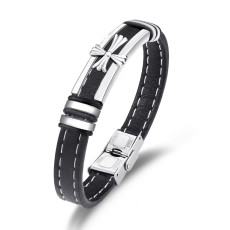 21CM cross stainless steel  genuine leather rope woven bracelet