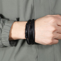 21CM stainless steel  genuine leather rope woven bracelet
