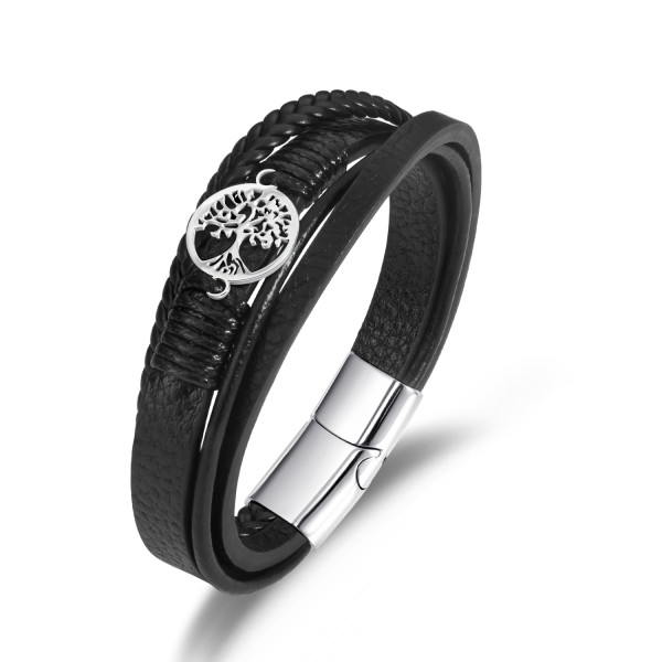 21CM Tree of Life stainless steel  genuine leather rope woven bracelet