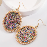 Leopard print sequined leather earrings, alloy diamond studded pearl oval earrings