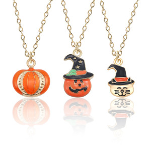 Halloween Drip Oil Magic Pumpkin Hat Cat Head Necklace