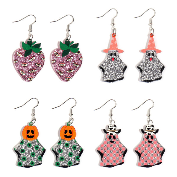 Halloween Acrylic Sparkling Pink Colorful Ghost Pumpkin Eye Earrings