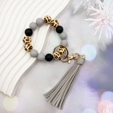 Leopard print wooden bead silicone bead bead keychain bracelet tassel keychain