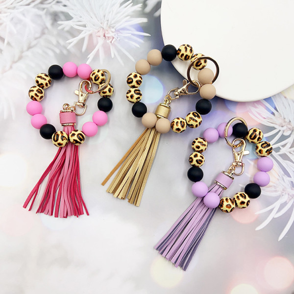 Leopard print wooden bead silicone bead bead keychain bracelet tassel keychain