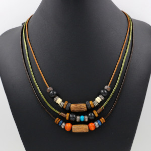 Bohemian multi-layered colorful wooden bead necklace