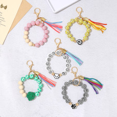 Colorful wooden bead bracelet keychain tassel cat paw leaf bracelet pendant