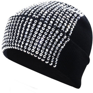 Solid color handmade woolen cap with inlaid diamonds, warm and sticky diamond knitted hat