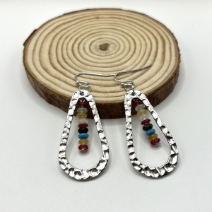Handmade rainbow bead long droplet shaped pendant earrings