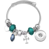 Stainless Steel Couple cross Opening Adjustable Crystal Beaded Bracelet fit snaps jewelry