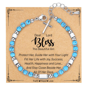 Turquoise Bracelet Adjustable Stainless Steel Square Silver Bead Cross Pendant Pink Crystal Blue Turquoise Bracelet