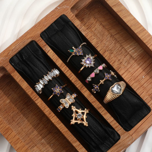Fashion Trend Pink Love Butterfly Purple Diamond Grape Flower Geometric Ring Nine Piece Set