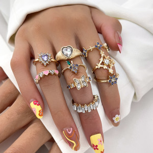 Fashion Trend Pink Love Butterfly Purple Diamond Grape Flower Geometric Ring Nine Piece Set