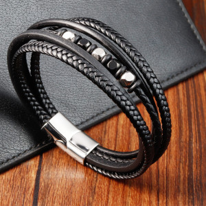 21CM Black leather cord cowhide stainless steel leather braided bracelet