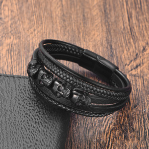 21CM Skull Black leather cord cowhide stainless steel leather braided bracelet