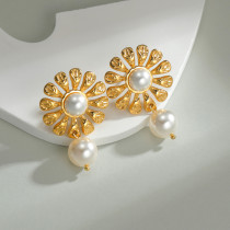 Stainless steel pearl  sunflower flower earrings