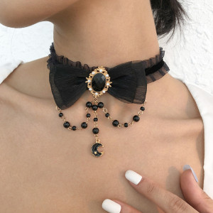 Retro bow necklace, alloy imitation pearl necklace, star and moon pendant necklace