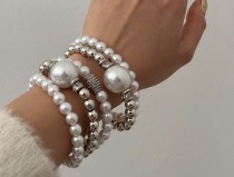 Exaggerated pearl studded diamond layered bracelet set