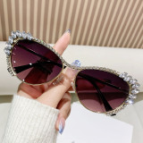Metal inlaid diamond sunglasses, cat eye sunglasses with diamond sunshade glasses