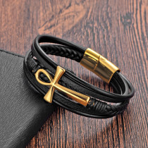 21CM stainless steel cross genuine leather bracelet