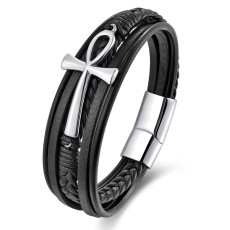 21CM stainless steel cross genuine leather bracelet