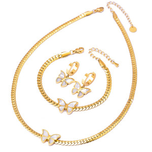 Shell butterfly Stainless stee collarbone chain waterproof and sweat proof women's bracelet earrings gold set necklace