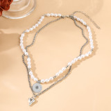 Personalized Fashion Double layer Pearl Love Pendant Necklace for Women's Clavicle Chain for 20mm Snap Button Jewelry Wholesale