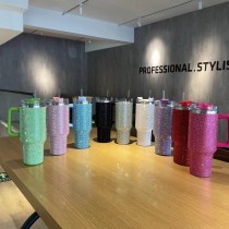1200ml Rhinestone New 40oz handle car cup with diamond inlay, large capacity vacuum suction cup