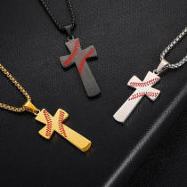 Sports style stainless steel scripture baseball pattern cross pendant necklace