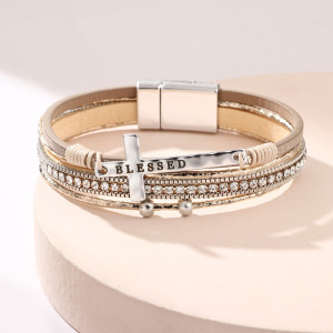 Bohemian style cross bracelet magnetic buckle bracelet rhinestone crystal PU leather bracelet