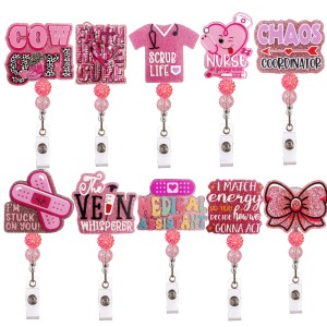 Acrylic glitter medical DIY bow buckle ID clip Retractable badge reel