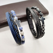 21cm Cross Multi layer Black Gallstone Bracelet Braided PU Leather Magnetic Buckle Bracelet