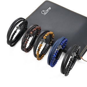 New 21CM hot selling natural stone bracelet, tiger eye agate stone cross bracelet, men's bracelet, multi-layer woven leather
