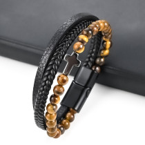 New 21CM hot selling natural stone bracelet, tiger eye agate stone cross bracelet, men's bracelet, multi-layer woven leather