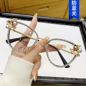 Cat eye diamond studded flat mirror 2025 new anti blue light glasses pearl retro
